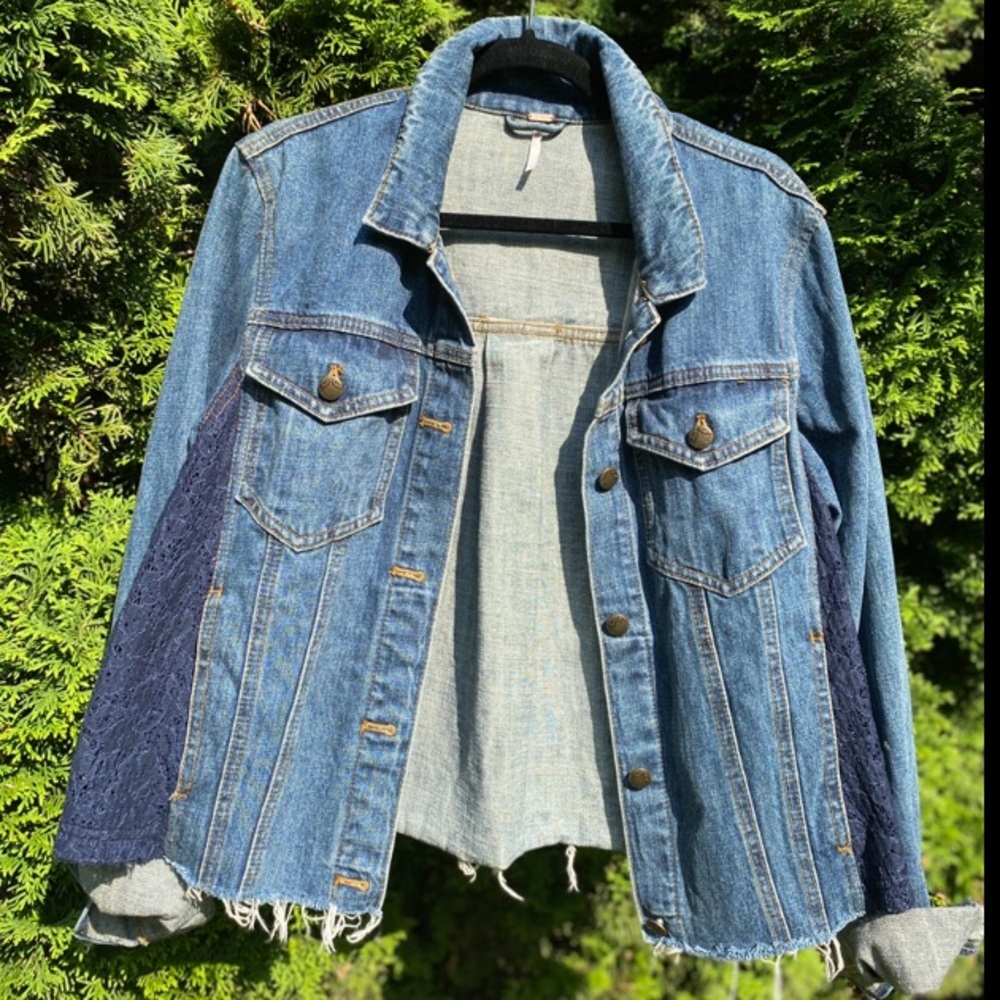 FREE PEOPLE Lace Inset Denim Jacket